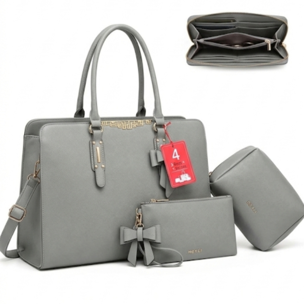 Keyli 4pc Sets Women Large Leather Laptop Briefcase W/ Usb Charging Port-Gray